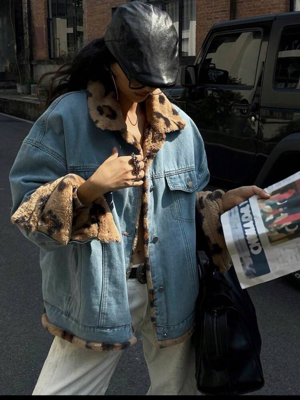 Blue Denim Jacket with Leopard Faux Fur Trim